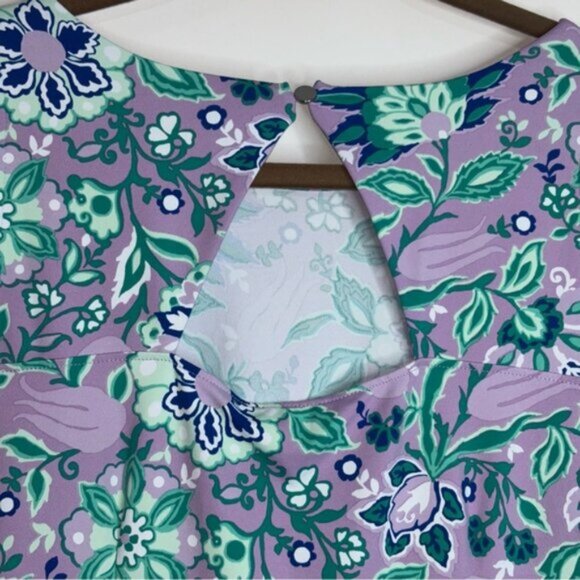 Talbots Women’s Medium Purple Green Floral Dress Keyhole Back Stretch Sleeveless - Picture 8 of 9